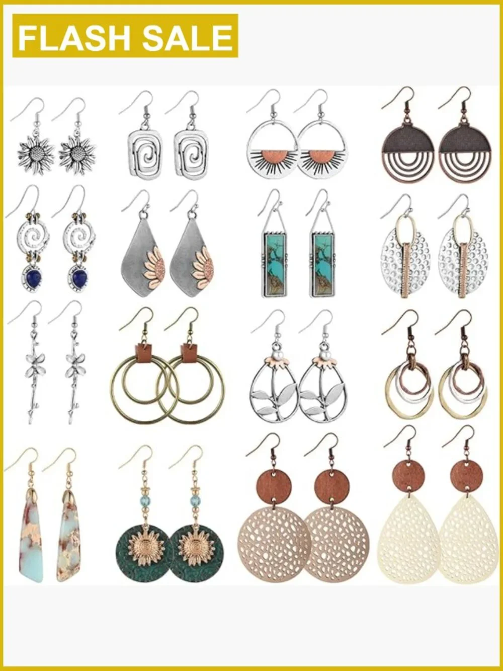 16 Pairs Boho Dangle Earrings, Wooden Leather Geometric Statement Jewelry